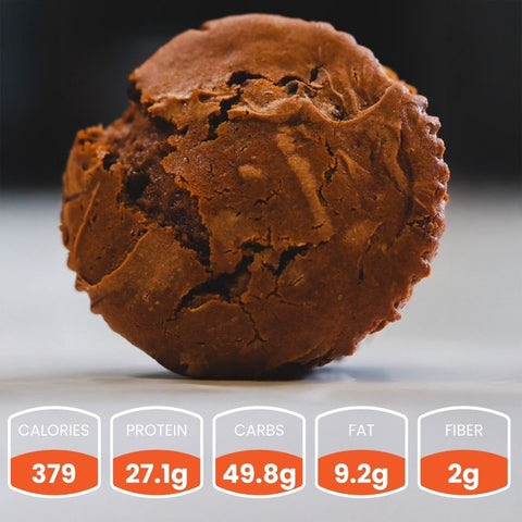 A Buffin Muffin rests on a light surface—a perfect nutritious snack for busy days. Its nutrition: 379 calories, 27.1g protein, 49.8g carbs, 9.2g fat, and 2g fiber are displayed below.