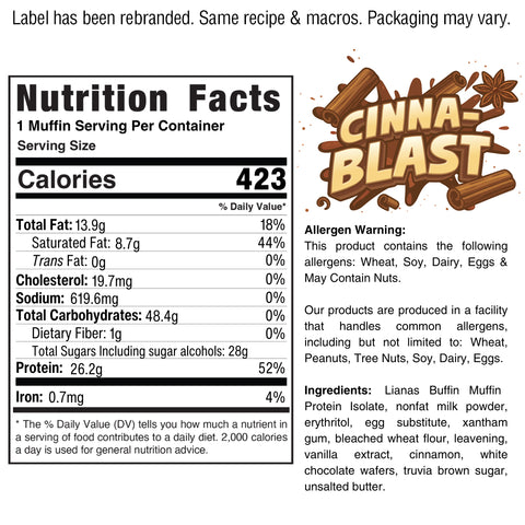 The Buffin Muffin Flavors Vary - Subscription nutrition label displays 423 calories per serving, ingredient and allergen info, plus a muffin and starburst logo background—ideal for a convenient, nutritious snack on the go.