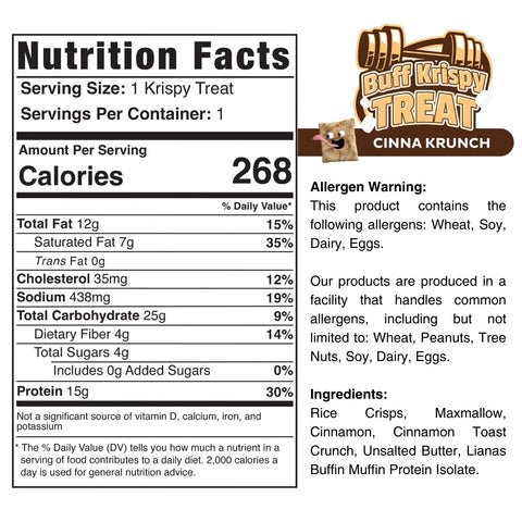 Nutrition label for Cinna Krunch Buff Krispy Treat - VIP Access, a protein snack with zero added sugar and 268 calories per serving. Features allergen warning, ingredient list, and a cartoon bear holding a treat in the top right corner.