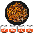 A black plate holds penne pasta in red sauce, likely with ground meat. Listed below: 420 calories, 36g protein, 42g carbs, and 12g fat—ideal for a high-protein meal prep or as a Clean Bulk Pasta Bowl.