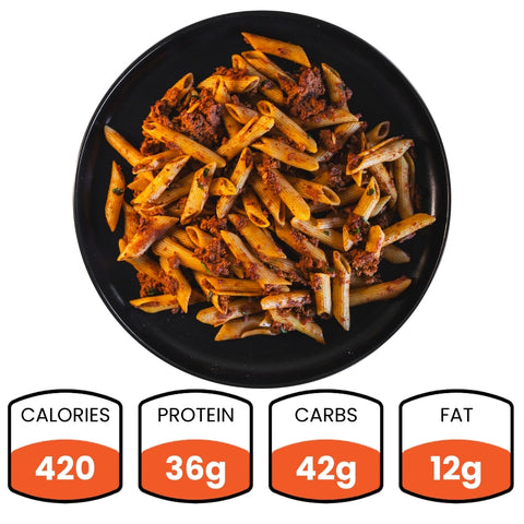 A black plate holds penne pasta in red sauce, likely with ground meat. Listed below: 420 calories, 36g protein, 42g carbs, and 12g fat—ideal for a high-protein meal prep or as a Clean Bulk Pasta Bowl.