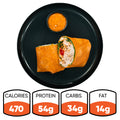The Club Wrap, shown halved on a black plate with orange dipping sauce, has 470 calories, 54g protein, 34g carbs, and 14g fat—ideal for meal prep.