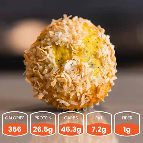A single muffin with nutritional information displayed indicating calories, protein, carbs, fat, and fiber.