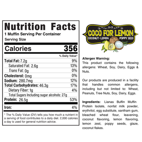 Try Buffin Muffin: a tasty, nutritious coconut-lemon poppy seed snack. See nutrition facts, ingredients, allergens, brand info, a muffin illustration, and discover more delicious flavors!.