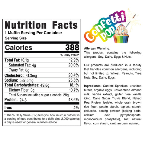 Nutrition label for Buffin Muffin: 388 calories per serving; info on fat, cholesterol, sodium, carbs, fiber, sugar & protein. Includes allergen details and full ingredient list. Features a colorful logo—perfect for snacking on the go!.