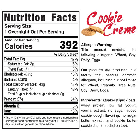 Nutrition facts and ingredient label for Overnight Oats (Flavors Vary) - Subscription. Each healthy serving has 392 calories. Great for meal prep. Includes full nutrition info, ingredients, and allergy warnings for wheat, soy, dairy, and eggs.