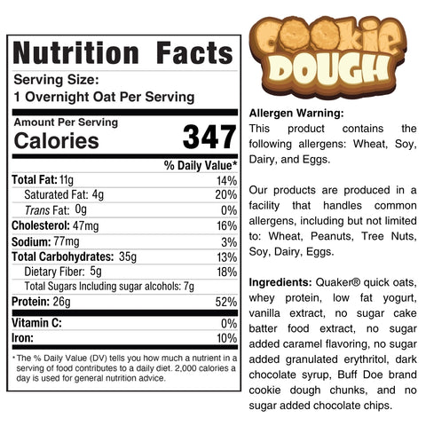 Nutrition Facts label for Cookie Dough Overnight Oats, showing 347 calories per serving. Includes ingredients, allergens (wheat, soy, dairy, eggs), and detailed nutrition breakdown. Cookie Dough logo at top right.