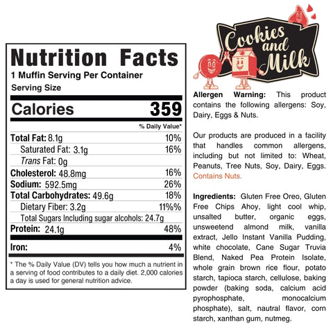 Buffin Muffin nutrition label and ingredients list—a wholesome snack with 359 calories per serving. Contains soy, dairy, eggs, and nuts. Great for on-the-go snacking, featuring a detailed ingredient breakdown.