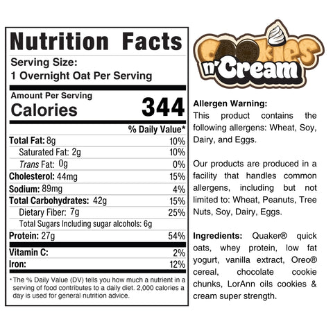 Nutrition label for Overnight Oats (Flavors Vary) - Subscription: a healthy breakfast with 344 calories per serving. Shows ingredients, allergens (wheat, soy, dairy, eggs), macronutrients, and a logo with flavor text and related graphics.