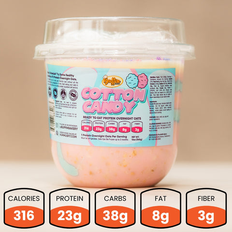 A clear container of Overnight Oats sits on a beige surface—a delicious, healthy breakfast ideal for meal prep. Each serving has 316 calories, 23g protein, 38g carbs, 8g fat, and 3g fiber.