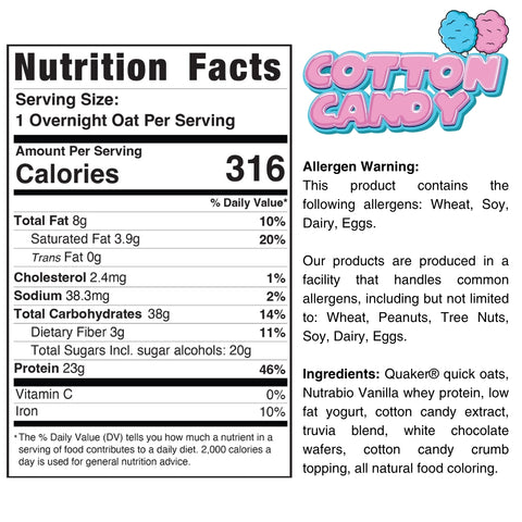 Nutrition label for overnight oats with 316 calories per serving. Includes allergen info warning about wheat, soy, dairy, eggs, and ingredient list. Cotton Candy logo with blue and pink cotton candy illustration at top right.