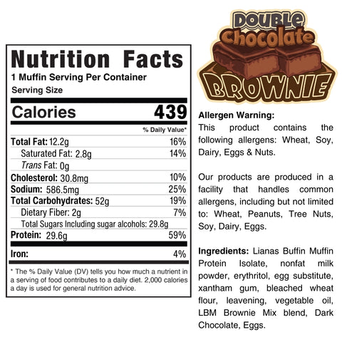 Nutrition facts and ingredients for Buffin Muffin Double Chocolate Brownie—a nutritious, on-the-go snack. Displays calories, nutritional values, allergen warnings (wheat, soy, dairy, eggs, nuts), and full ingredient list on a white background.