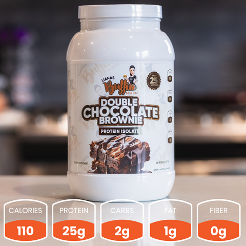A large white container of Lianas Buffin Muffin - Protein Isolate (Subscription) sits on a counter. Each serving offers 110 calories, 25g protein, 2g carbs, 1g fat, and 0g fiber. Dessert-inspired protein for your needs.