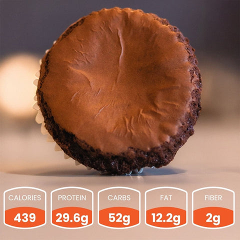 A rich chocolate muffin with a brownie-like top. Contains 439 calories, 29.6g protein, 52g carbs, 12.2g fat, and 2g fiber.