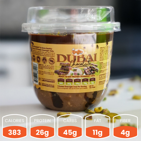 A clear plastic container labeled Overnight Oats (Flavors Vary) - Subscription is filled with protein oats for a healthy breakfast or easy meal prep. Nutrition: 383 calories, 26g protein, 45g carbs, 11g fat, and 4g fiber.