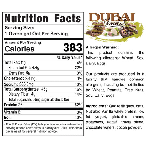 Nutrition facts for Overnight Oats (Flavors Vary) - Subscription: 383 calories per serving. Allergen warning: wheat, soy, dairy, eggs. Made with oats, whey protein, pistachio cream, pistachios & chocolate. Great for meal prep.
