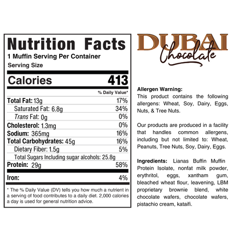 Nutrition label for Buffin Muffin with 413 calories per serving, macronutrient breakdown, allergen info, and ingredients. “Dubai Chocolate” appears at the top right, highlighting this chocolate snack.