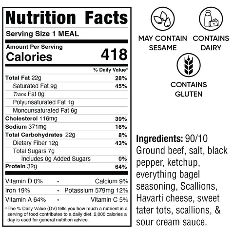 Everything But the Bagel Burger: High-protein bowl with 418 calories per serving. Contains sesame, dairy, gluten. Ingredients: ground beef, seasonings, Havarti cheese, tater tots, scallions, sour cream.