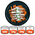A black plate holds Fit A La Vodka With Chicken: penne pasta in red sauce, grilled chicken, cheese, and herbs. Below are nutrition facts—450 calories, 37g protein, 38g carbs, and 16g fat—for this healthy meal.