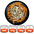 Fit Ala Vodka With Chicken features penne pasta with grilled chicken, herbs, and creamy vodka sauce. Nutrition: 450 calories, 37g protein, 38g carbs, and 16g fat—a delicious and balanced meal.
