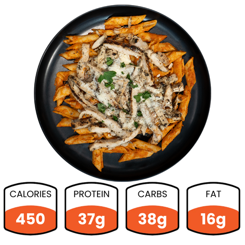 Fit Ala Vodka With Chicken features penne pasta with grilled chicken, herbs, and creamy vodka sauce. Nutrition: 450 calories, 37g protein, 38g carbs, and 16g fat—a delicious and balanced meal.