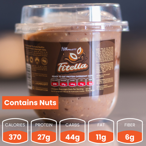 A clear plastic cup of Fitella protein overnight oats is shown, with its brown label displaying nutrition facts. Text highlights: Contains Nuts and nutritional info per serving—370 calories, 27g protein, 44g carbs, 11g fat, 6g fiber.