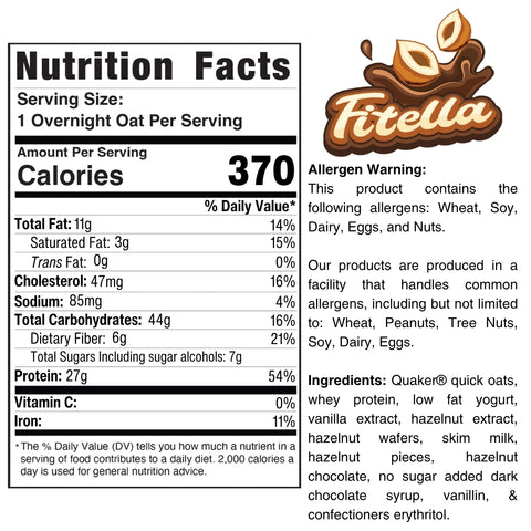 Nutrition label for Overnight Oats (Flavors Vary) - Subscription: 370 calories per serving, with oats, yogurt, hazelnut, cocoa, and no sugar added. Contains allergens—wheat, soy, dairy, eggs, nuts. Perfect for meal prep or a healthy breakfast.