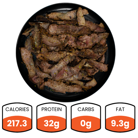 A black plate holds Competition Approved Grilled Flank Steak (1lb). Below, nutrition facts show 217.3 calories, 32g protein, 0g carbs, and 9.3g fat—making it a healthy dinner option for mindful eaters.