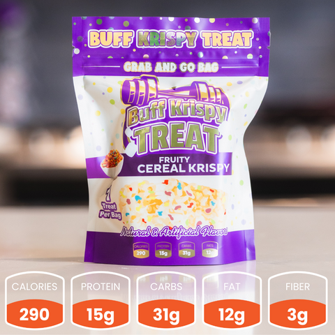 A colorful bag labeled Fruity Cereal Buff Krispy Treat (Subscription) stands on a counter. Each high-protein bar offers 290 calories, 15g protein, 31g carbs, 12g fat, and 3g fiber—a tasty snack choice.