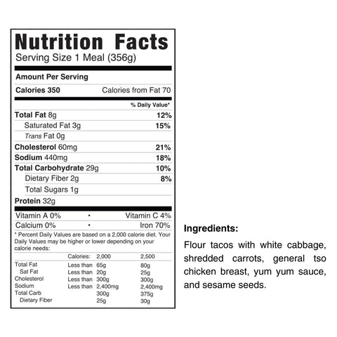 Nutrition facts label for General Tso Tacos (Subscription): 350 calories per serving, made with flour tacos, white cabbage, shredded carrots, chicken breast, yum yum sauce, and sesame seeds—ideal for healthy meal prep.