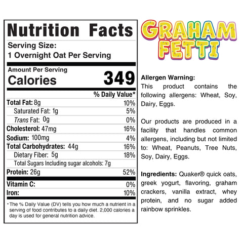 The nutrition label for Overnight Oats (Flavors Vary) - Subscription lists 349 calories per serving, plus fat, cholesterol, carbs, protein, allergens (wheat, soy, dairy, eggs), and ingredients—making it a healthy breakfast or meal prep choice.