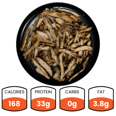 The image shows Competition Approved Grilled Chicken (1lb) on a black plate—ideal for healthy meal prep—with nutrition facts: 168 calories, 33g protein, 0g carbs, and 3.8g fat.