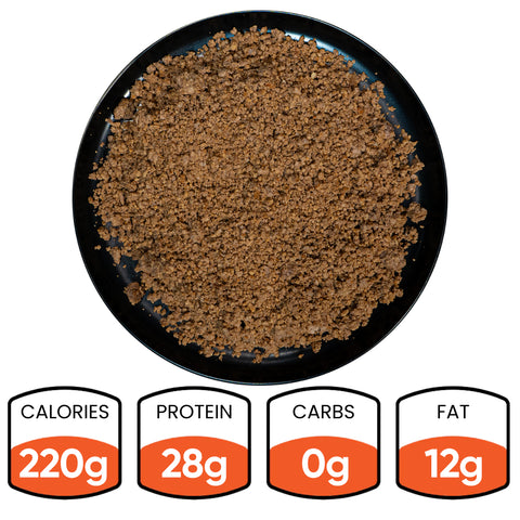 A black plate of Competition Approved 90/10 Lean Ground Beef (1lb) sits above four nutrition labels: 220 calories, 28g protein, 0g carbs, and 12g fat—perfect for high-protein meal prep.