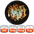 The Harrison Chicken Pasta Bowl features penne pasta with shredded cheese and herbs, delivering 509 calories, 53.5g protein, 60.6g carbs, and 11.1g fat—an ideal high-protein choice for healthy meal prep.