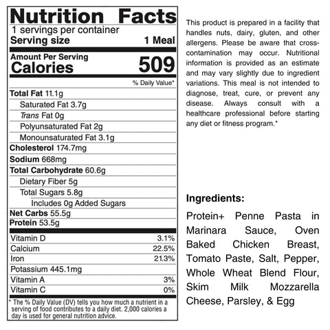 The Harrison Chicken Pasta Bowl nutrition label lists 509 calories per serving, with details on fat, cholesterol, sodium, carbs, protein, and vitamins. Ingredients and an allergen disclaimer appear alongside this high-protein meal.