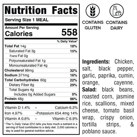 The Hey Arnold Burrito nutrition label shows 558 calories per meal, gluten and dairy indicators, and lists chicken, spices, olive oil; plus a Tex-Mex salad with black beans, corn, cheese, tortilla strips, and poblano sauce.