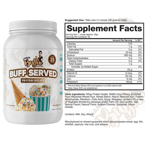 A jar of “Lianas Buffin Muffin - Protein Isolate (Subscription)” has a dessert-inspired label with a waffle cone ice cream design. Supplement facts and ingredients for one scoop are shown, with allergen warnings for milk and soy.