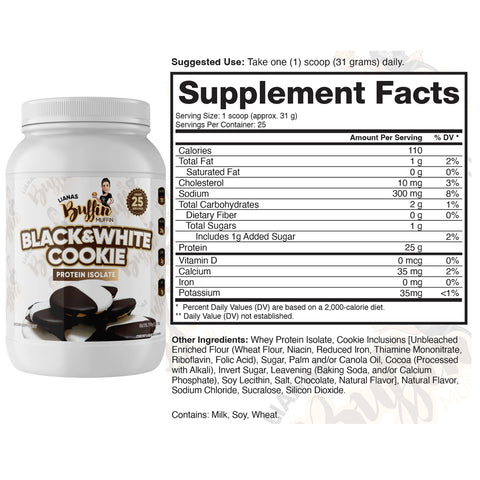 A container of Lianas Buffin Muffin - Protein Isolate with a muffin illustration is shown next to the supplement facts label, highlighting whey protein, ingredients, and nutrition per serving in its dessert-inspired flavors.