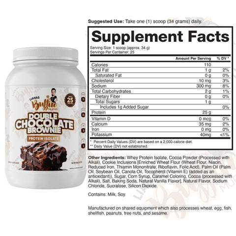 A nutrition label for Lianas Buffin Muffin - Protein Isolate features supplement facts, ingredients, and a white jar with dessert-inspired flavors. Each serving: 1 scoop (34g) protein isolate, with 25 servings per container.