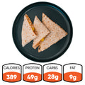 A black plate with three folded tortilla wraps, featuring the HFit Signature Fold. This healthy grilled chicken meal prep provides 389 calories, 49g protein, 28g carbs, and 9g fat.