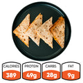 Four quesadilla wedges on a black plate, shown from above—this HFit Signature Fold is perfect for healthy grilled chicken meal prep. Below are nutrition facts: 389 calories, 49g protein, 28g carbs, and 9g fat.
