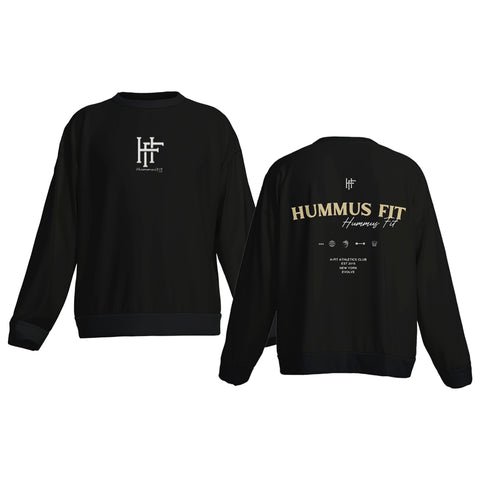 The H-FIT NY Essential Crewneck Sweater is shown front and back; it features a small “HF” logo on the left chest and bold “HUMMUS FIT” text with smaller text and icons on the back.