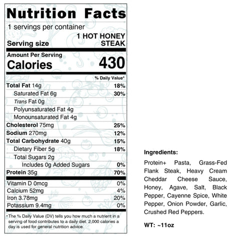 Hot Honey Steak & Mac: 430 calories, 14g fat, 40g carbs, 39g protein per 11oz serving. Crafted with pasta, grass-fed flank steak, cheese sauce, honey, agave & spices—perfect for high-protein meal prep.