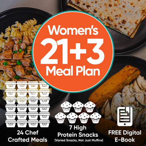 Promotional graphic for Women's Meal Plan 21+3 non subscription with photos of plated meals, icons for 24 chef-crafted meals, 7 high-protein snacks, and a free digital e-book to support your nutrition goals.