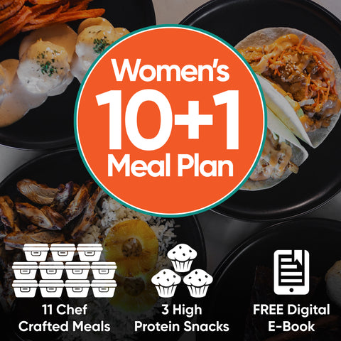 Enjoy the Women’s Meal Plan 10+1 non subscription: 11 chef-crafted lean protein meals, 3 high-protein snacks, plus a free digital e-book—all delivered for healthy eating made easy.