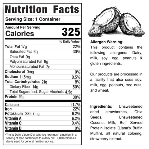 Nutrition label for Jammin Chia Pudding (Subscription): 325 calories per serving, allergen info, full ingredients list, plus an image of halved strawberries and chia seeds above the text—ideal for a healthy snack.