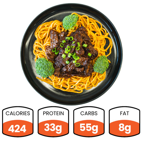 Plate of lo mein with beef and broccoli, accompanied by nutritional information icons.