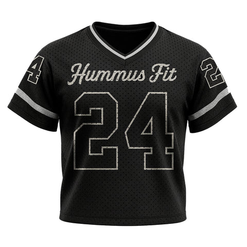 The Men’s Mesh Jersey – Black White Trim features a sporty V-neck, short sleeves, white trim, and “Hummus Fit” above a large 24 on the front, with 24 on both sleeves. Perfect for casual wear.