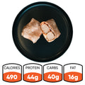The Meatball Parmesan Wrap, a delicious Italian-inspired meal ideal for meal prep, is cut in half on a black plate to showcase its savory meatball filling. Below are the nutrition facts for this high-protein wrap: 490 calories, 44g protein, 40g carbs, and 16g fat.