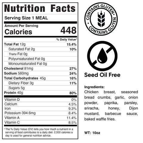 Nutrition facts label for MickieStrips: clean meal with air-fried chicken, 448 calories per 10oz serving, 40g protein, contains gluten, seed oil free. Main ingredients: chicken, bread crumbs, garlic, onion, spices.